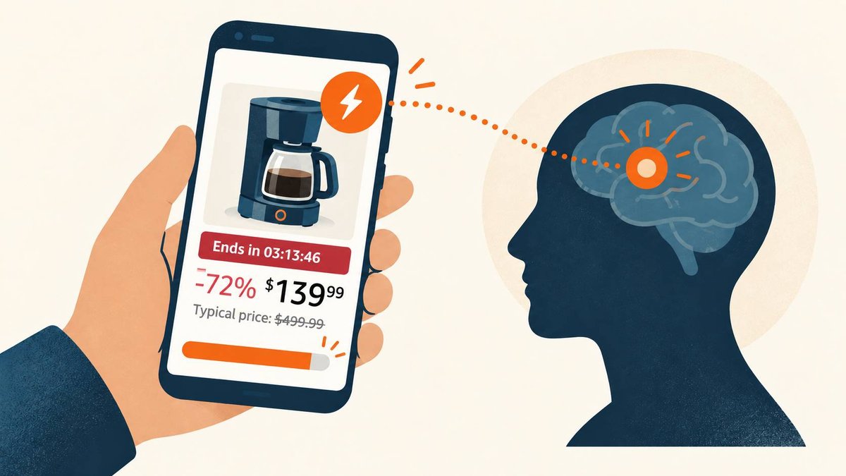 Illustration of a hand holding a phone showing a Lightning Deal countdown, with a dotted line connecting the deal to a glowing spot in a person's brain