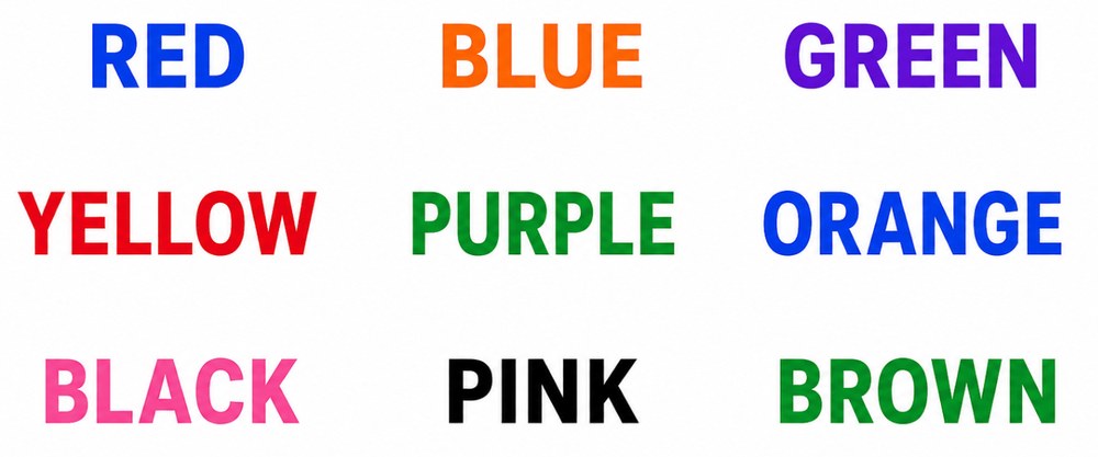Grid of color words printed in mismatched ink colors for the Stroop effect test