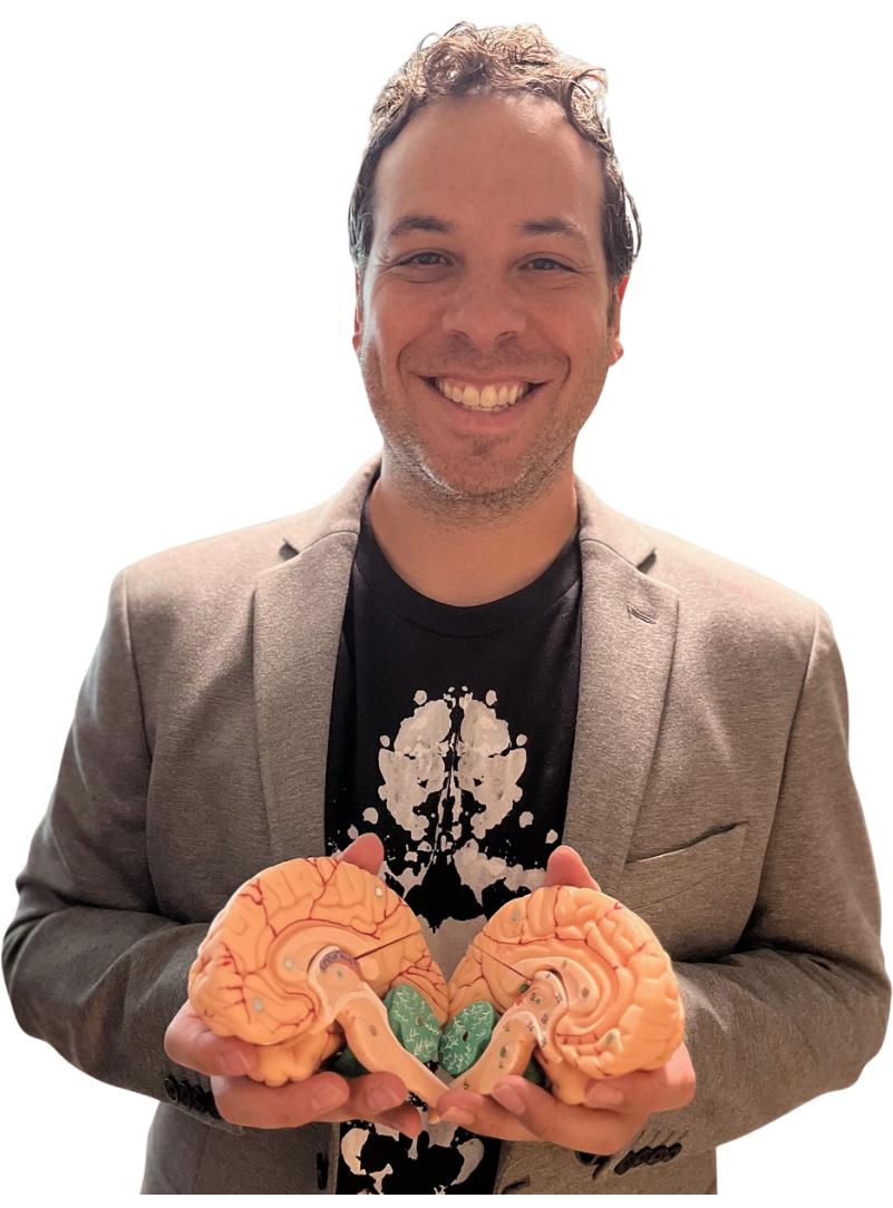 Dr. Steven Kushner holding an anatomical brain model
