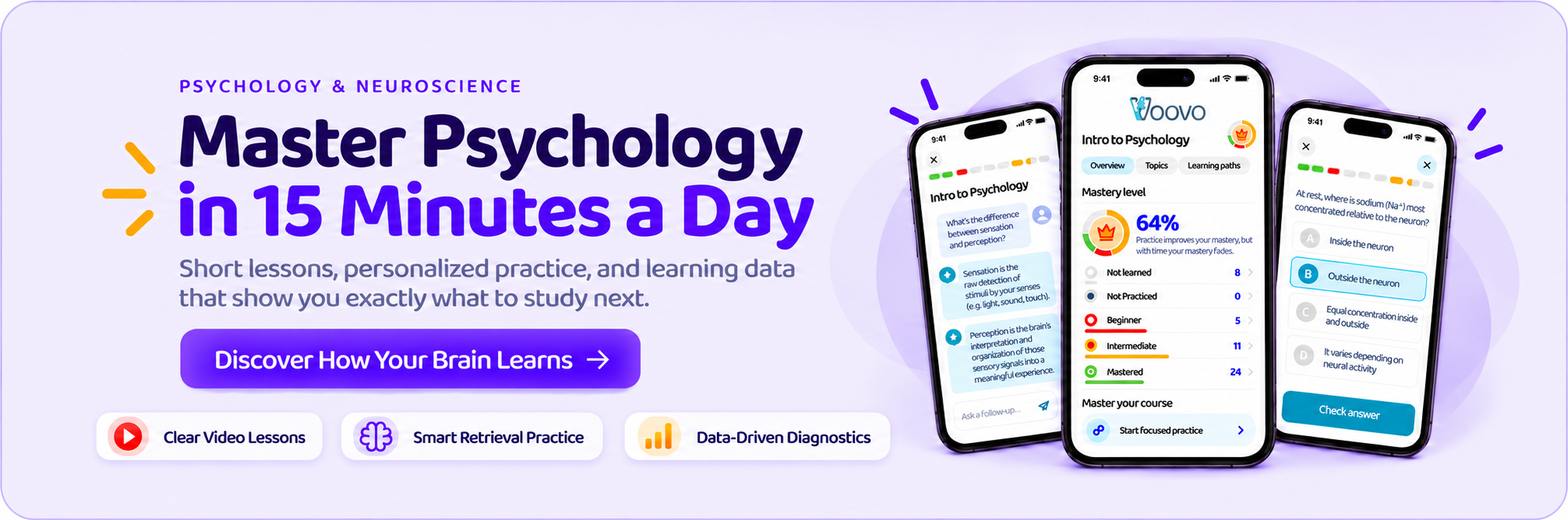 Master Psychology in 15 Minutes a Day with the Voovo psychology and neuroscience study app