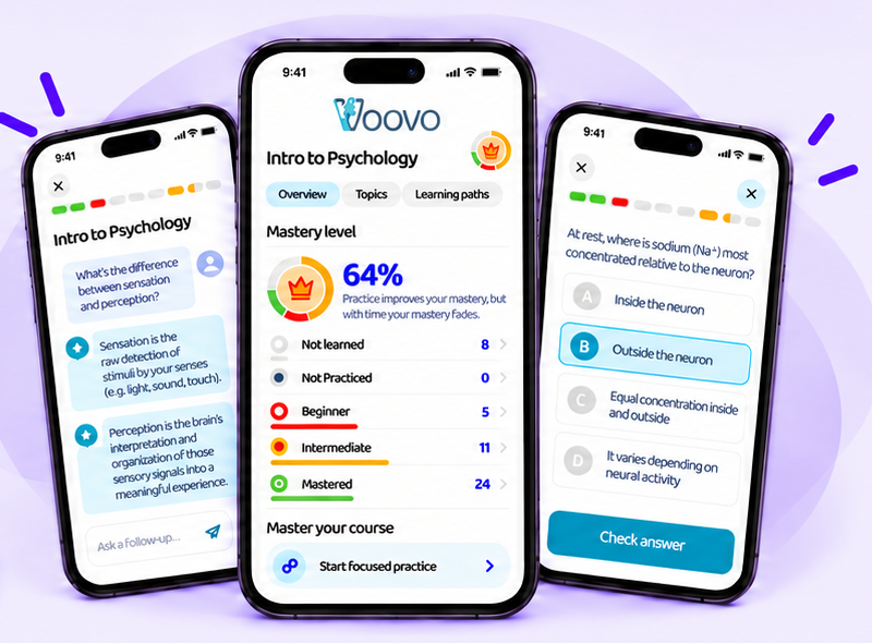 Three Voovo app screens showing psychology lessons, learning progress, and practice questions